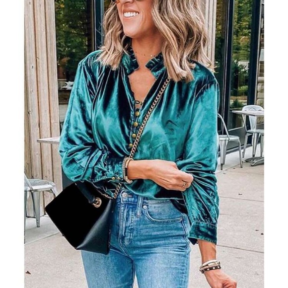 Luxe Velvet Frill Long Sleeve Top Blouse Shirt Teal
